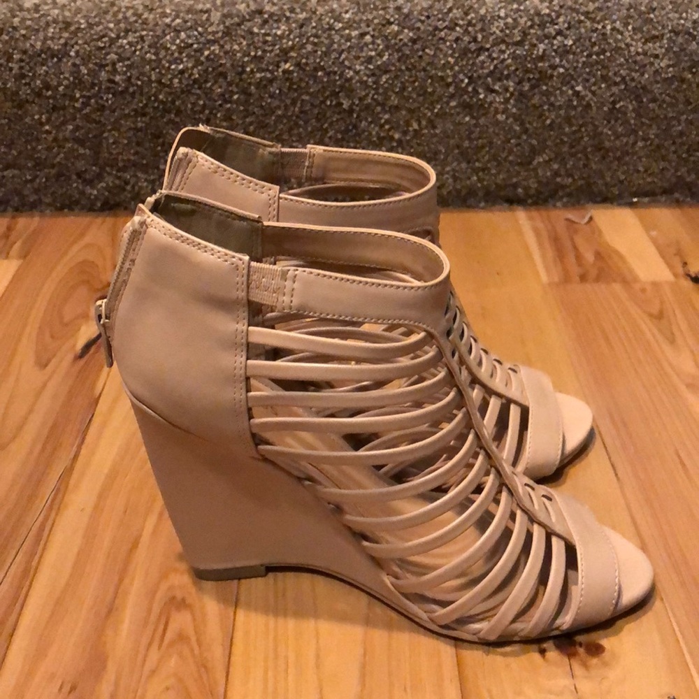 Tan, open toed wedges
